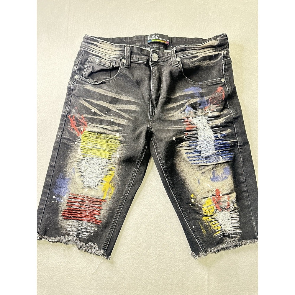 Switch Remarkable Paint Splatter Black Denim Short Size 30 (Measures 32 Waist)